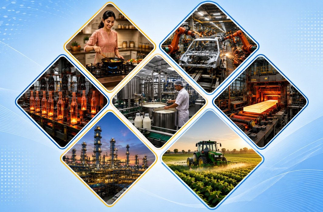 Domestic and industrial LPG — home cooking, automobile, glass, food, steel, petrochemical and agriculture
